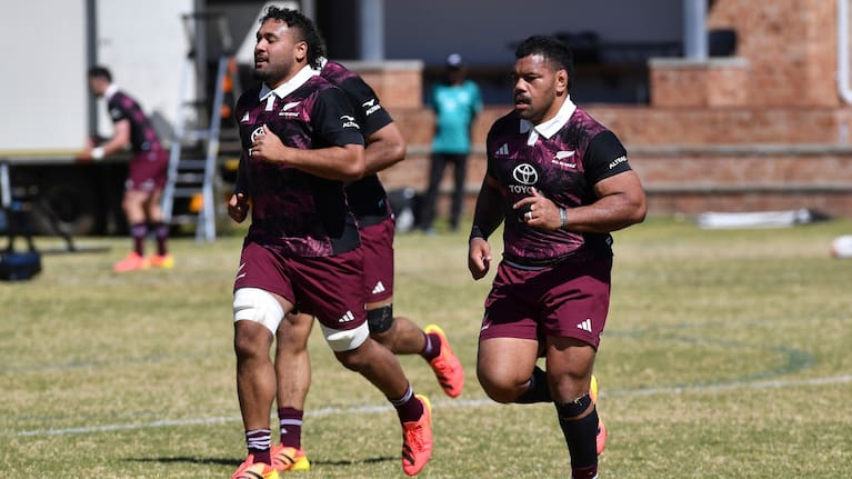 All Blacks forwards Semisi Ta’eiloa, left, and Samisoni Taukei’aho in training.