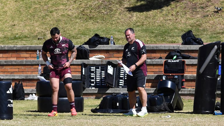 All Blacks head coach Dave Rennie with prop Tyrel Lomax at training in Johannesburg.