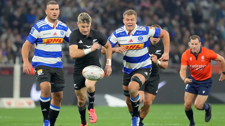 All Blacks No.10 Beauden Barrett chases his kick against the Stormers in Cape Town.