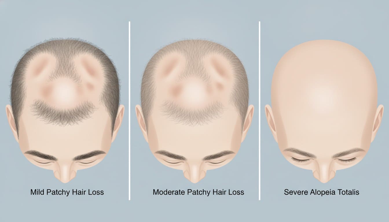 Medical illustration depicting three severity levels of alopecia areata: mild patchy loss, moderate patchy loss, and severe total scalp hair loss