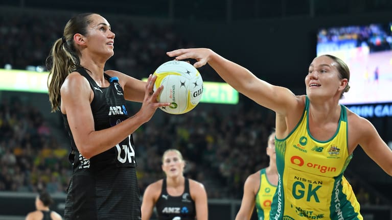 Ameliaranne Ekenasio of the Silver Ferns (left) in action during the fourth Constellation Cup match in 2024.