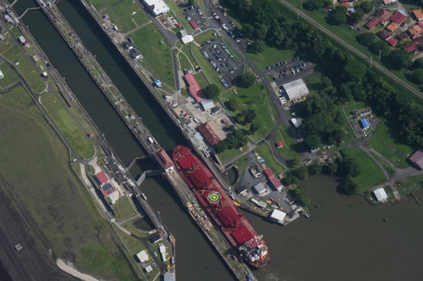 A ship transits the Pedro Miguel Locks of the Panama Canal in Panama City, August 14.