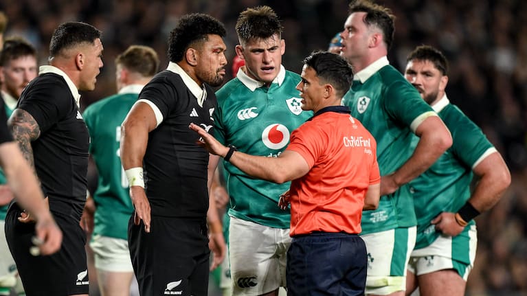 Ardie Savea speaks to referee Nic Berry during his team's win over Ireland at Eden Park last month.