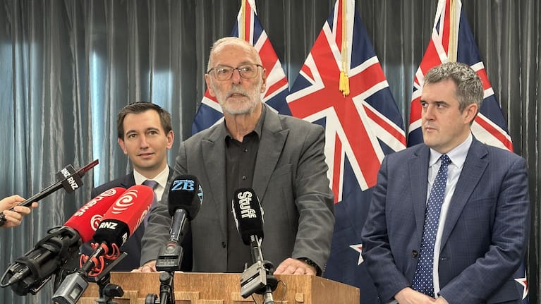 Auckland Minister Simeon Brown, left, Auckland Mayor Wayne Brown, and Transport Minister Chris Bishop in 2025