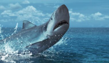 Great white shark jumping out in water splash