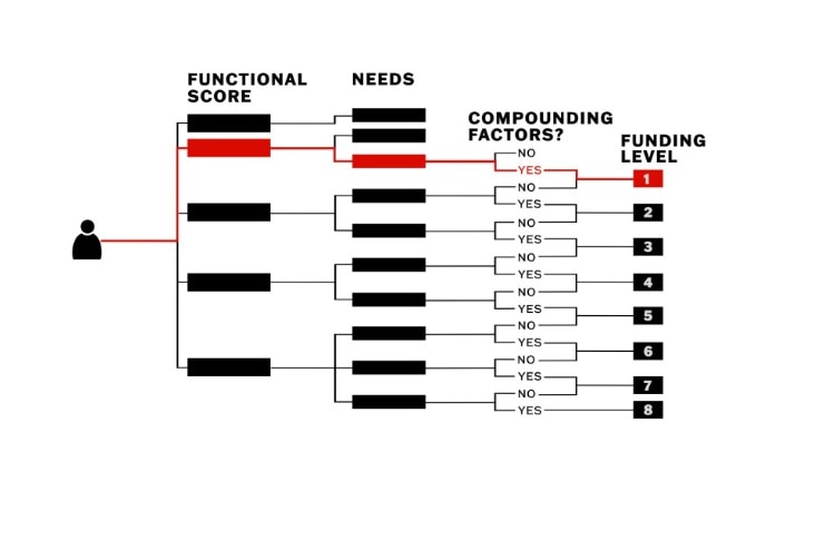 A diagram with branches with headings "functional score", "needs" and "compounding factors" leading to "funding level".