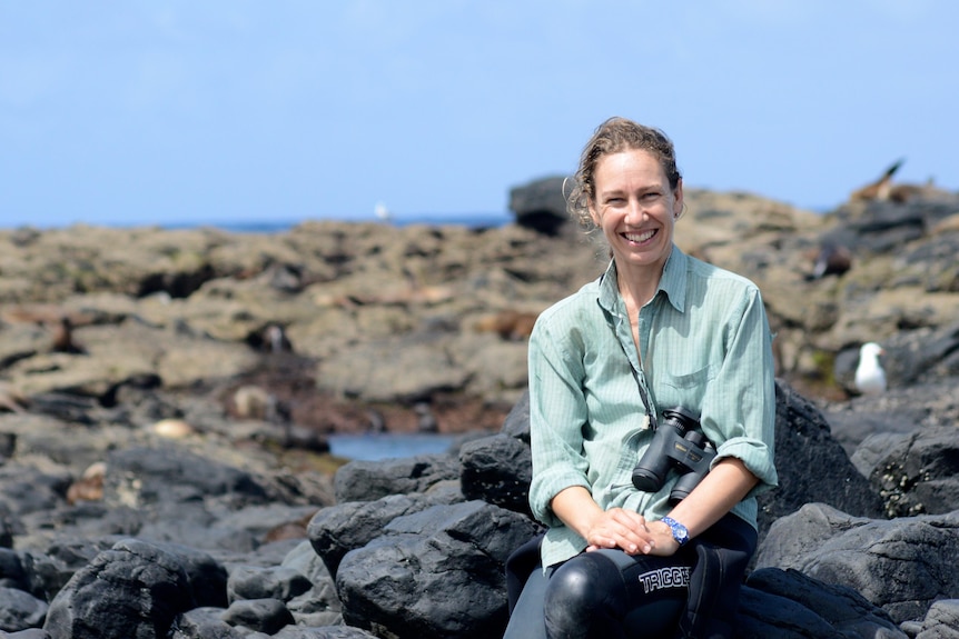 A woman sitting on a rocky island smiling at the camera, she's wearing binoculars and there are seals in the background.