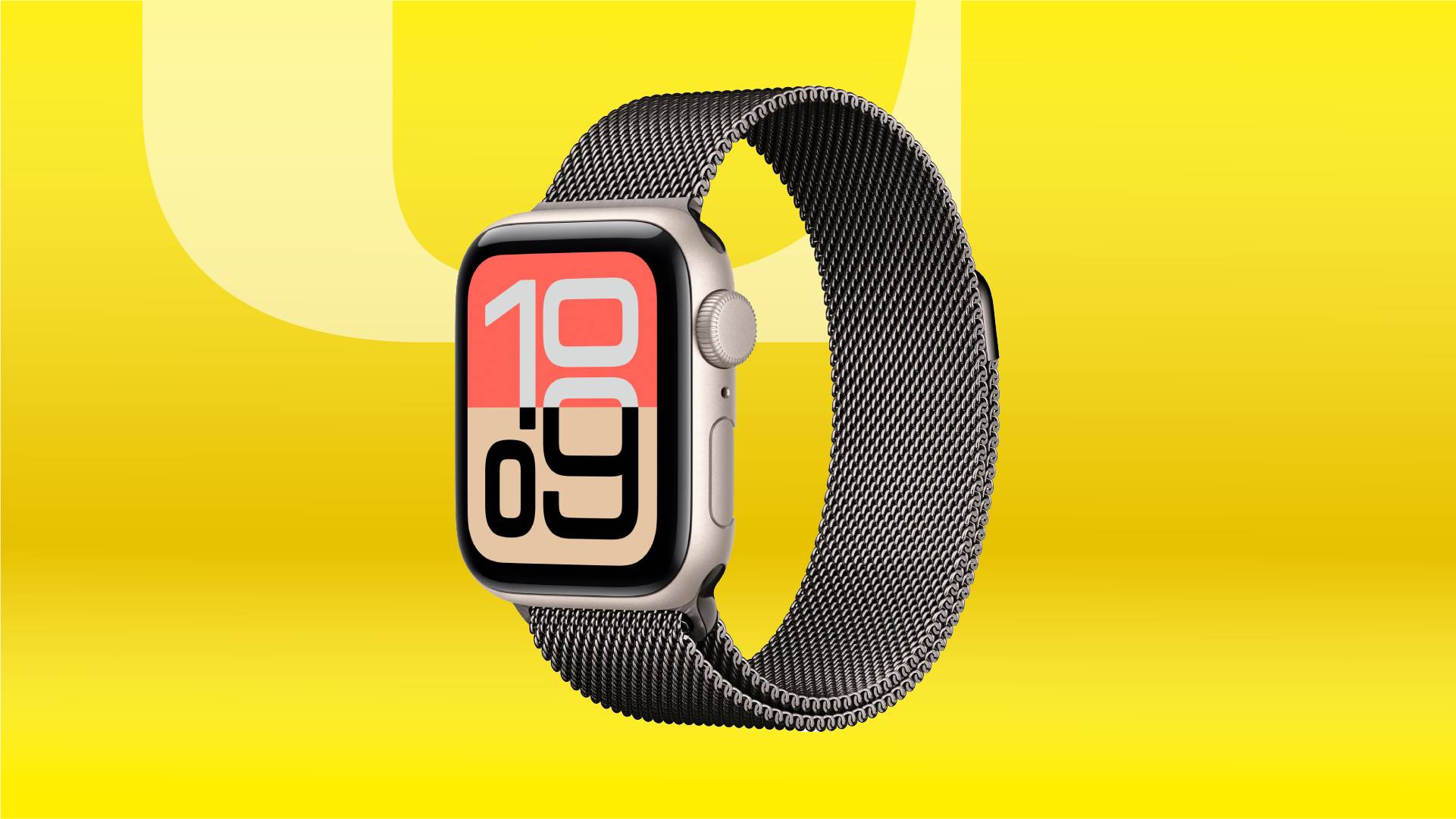 A gray Apple smartwatch against a yellow gradient CNET background.