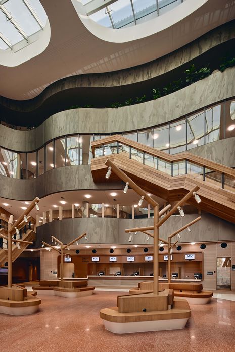 The use of timber poles, staircases and panelling creates further connections to landscape.