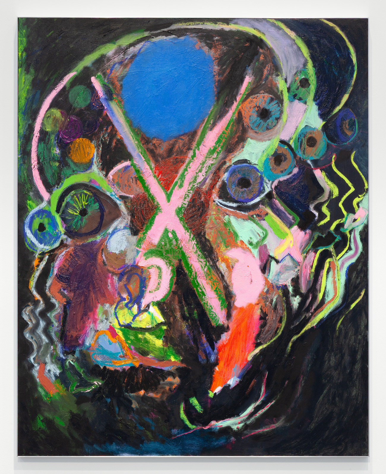 Bianca Beck, Blue and Not Blue, 2024. Acrylic and oil on wood panel, with artist-made aluminum frame. 60 x 48 inches. Courtesy of the artist, Uffner & Liu, and the Center for Maine Contemporary Art. (Photo: Art Index)