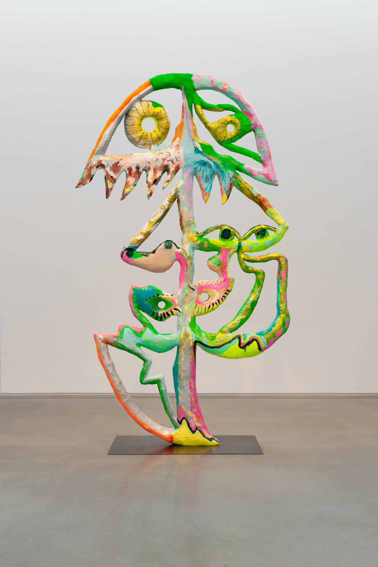 Bianca Beck, Opening, eating / Moving light, 2026. Papier-mâche, wood, steel wire, acrylic and oil paint, steel. 136 x 54 x 36 inches. Courtesy of the artist, Uffner & Liu, and the Center for Maine Contemporary Art. (Photo: Art Index)