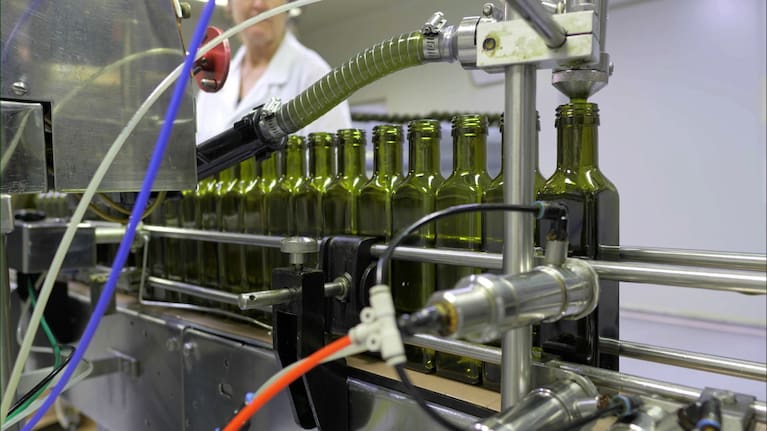 Bottles of avocado oil on the production line.