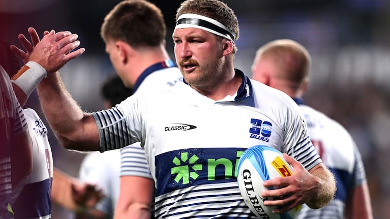 Bradley Slater of the Blues celebrates after scoring a try during the round seven Super Rugby match between Blues and Fijian Drua at Eden Park, on March 28, 2026, in Auckland, New Zealand.
