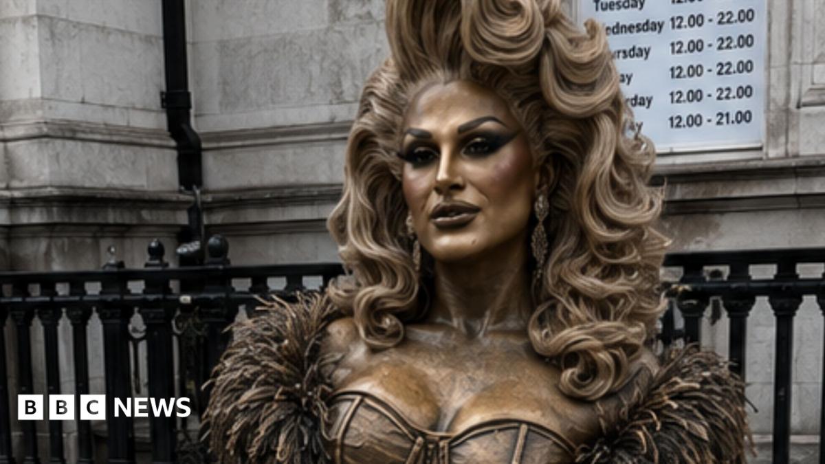 An AI image of the proposed life-size statue of The Vivienne on a concrete bench at the entrance to Liverpool's officially recognised Pride Quarter