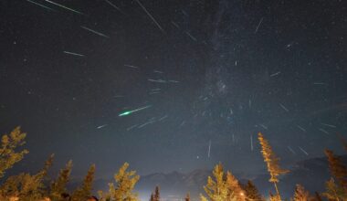 Perseid meteor shower above Canmore in the Canadian Rockies, Alberta, Canada. Credit: Credit: Nick Fitzhardinge / Getty Images
