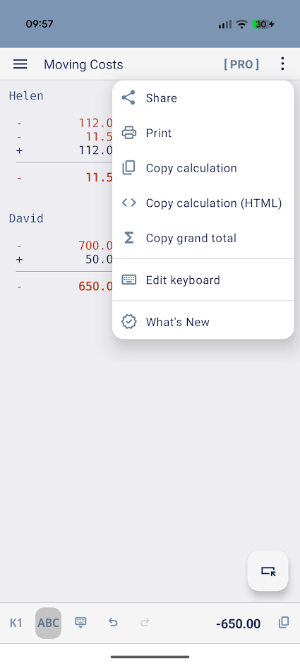 list of calculations and notes with drop down settings window