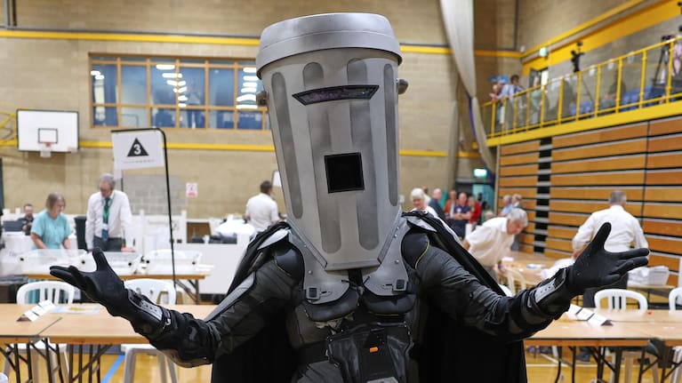 Candidate Count Binface poses for the media during the Clacton by-election count at the Leisure Centre in Clacton on Sea, England