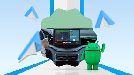 Car dashboard displaying Android Auto navigation on the center screen, with the Android mascot standing beside it, surrounded by floating Android Auto icons.