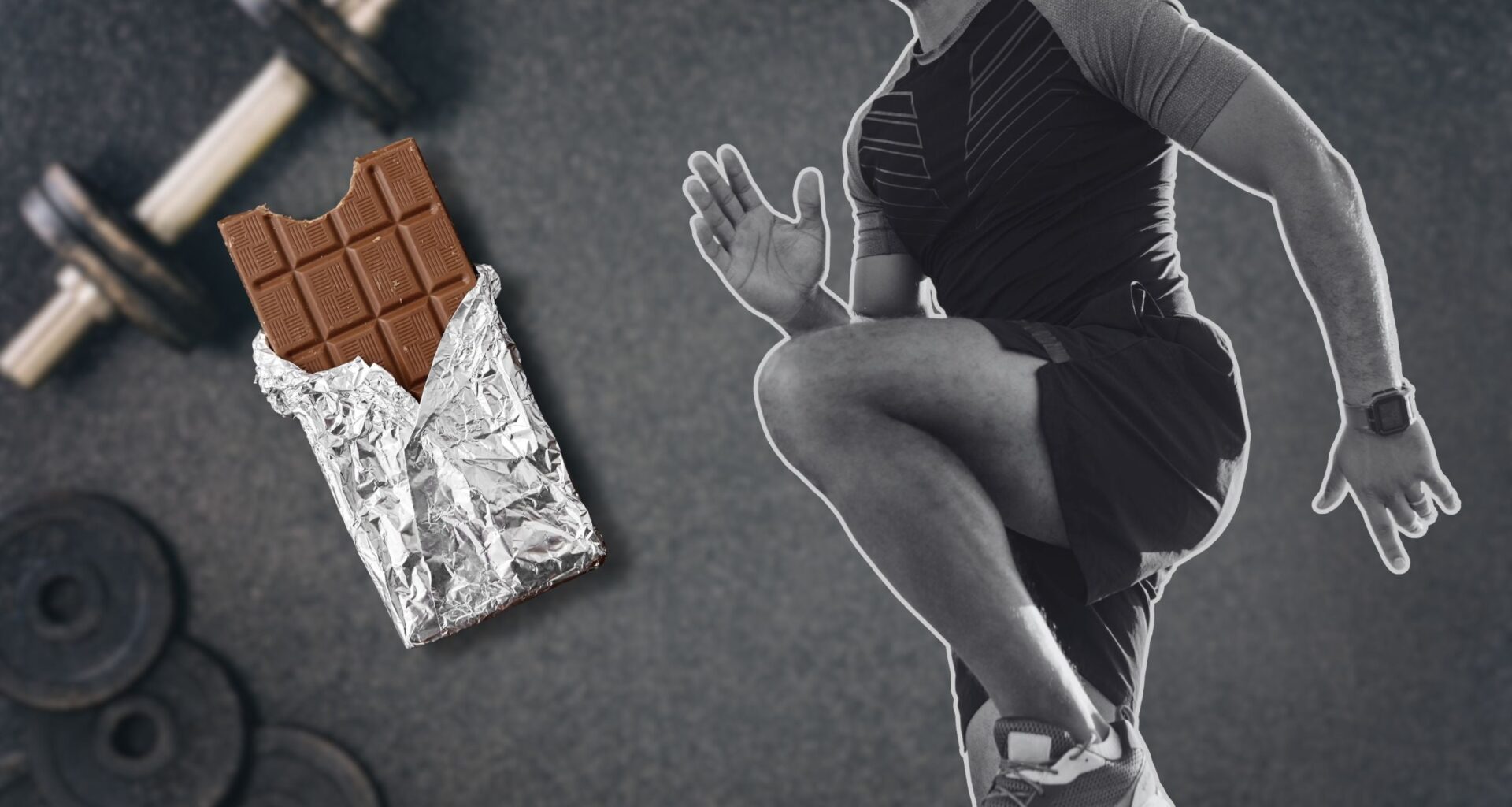 a man working out on a background of weights alongside a chocolate bar to show a study about chocolate and exercise performance