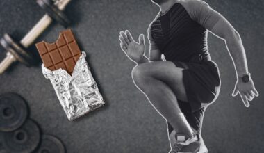 a man working out on a background of weights alongside a chocolate bar to show a study about chocolate and exercise performance