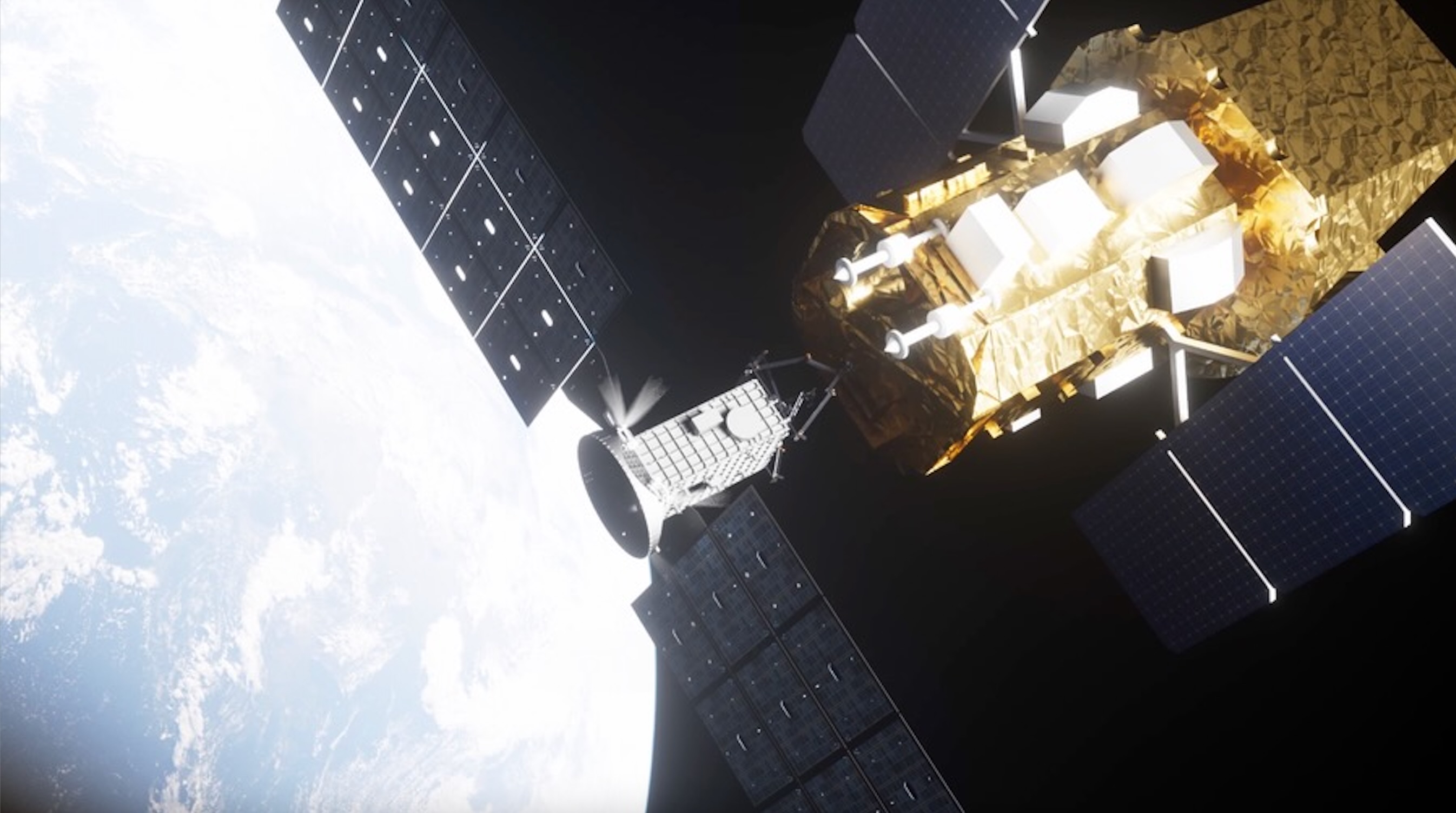 illustration showing two satellites meeting up in earth orbit