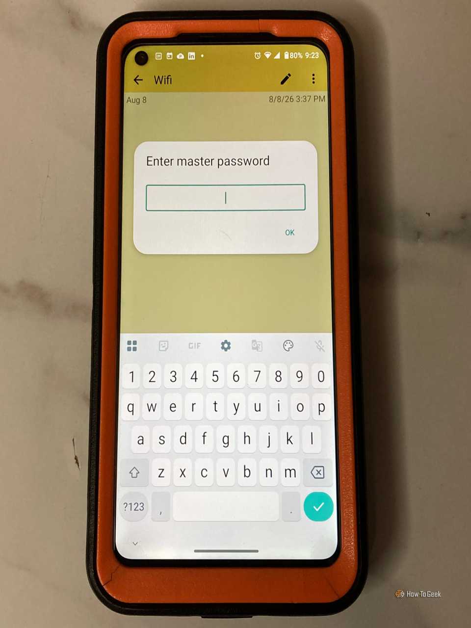 ColorNote app showing the password prompt for a specific note