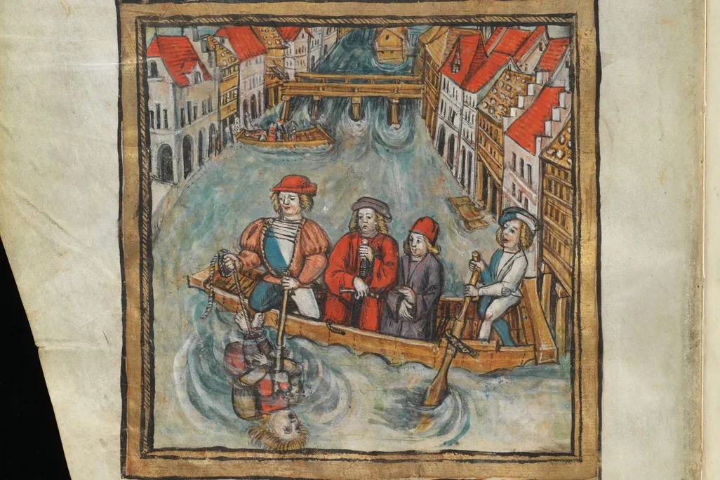 A painting that shows people wearing medieval garb while rowing a boat down a waterway