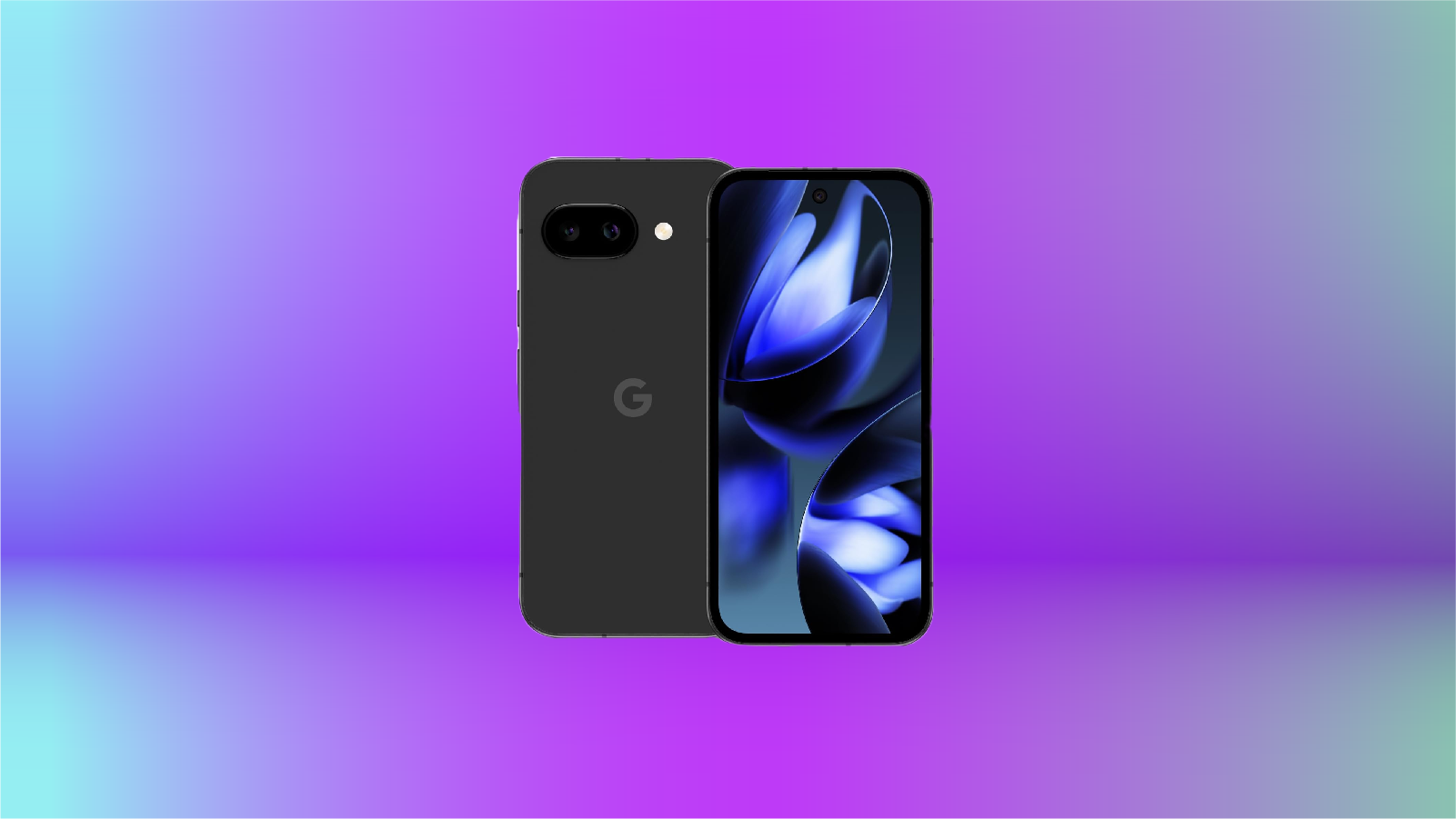 Google's Pixel 9A in black on display against purple and blue-ish gradient background.