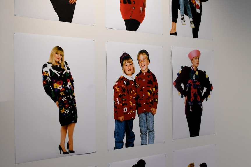 Studio photographs of women and children modelling knitted jumpers
