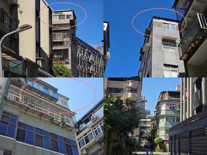 An illegally built rooftop unit, outlined in red, sits atop an aging building in Taipei’s Da’an District on July 20. Despite poor living conditions, including inadequate insulation, such units attract residents struggling with housing costs because of their relatively low rents. Korea Times photo by Shin Eun-byul