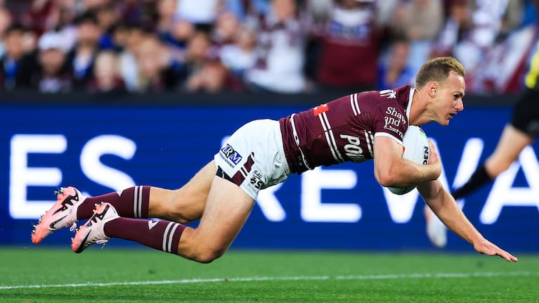 Daly Cherry-Evans of the Sea Eagles scores a try during the NRL elimination final match between the Canterbury-Bankstown Bulldogs and the Manly-Warringah Sea Eagles at Accor Stadium Sunday, September 15, 2024.
