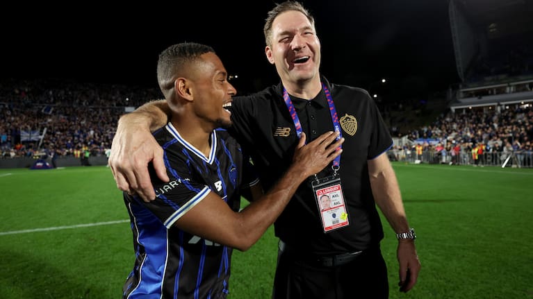 Dan Hall of Auckland FC celebrates with Ali Williams after winning the A-League Men Grand Final match between Auckland FC and Sydney FC at Go Media Stadium