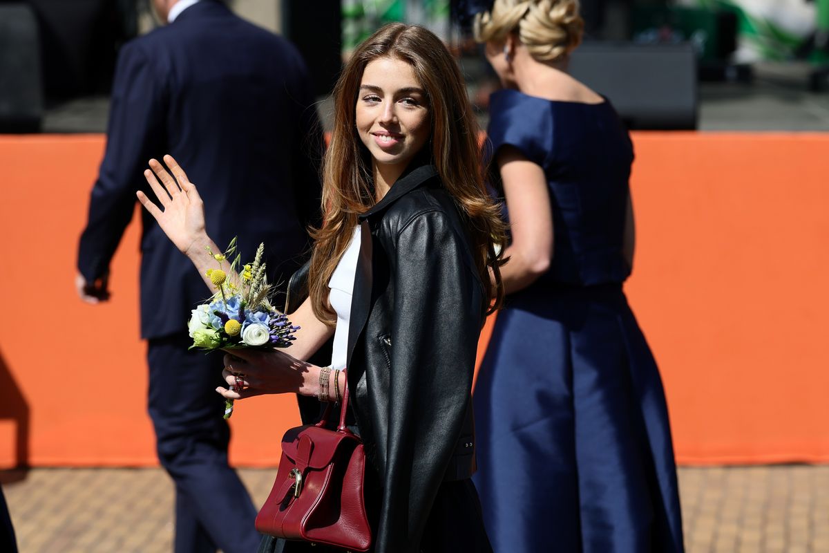Alexia gave classic royal dressing a modern edge with a Massimo Dutti faux-leather jacket layered over coordinated Maje separates.