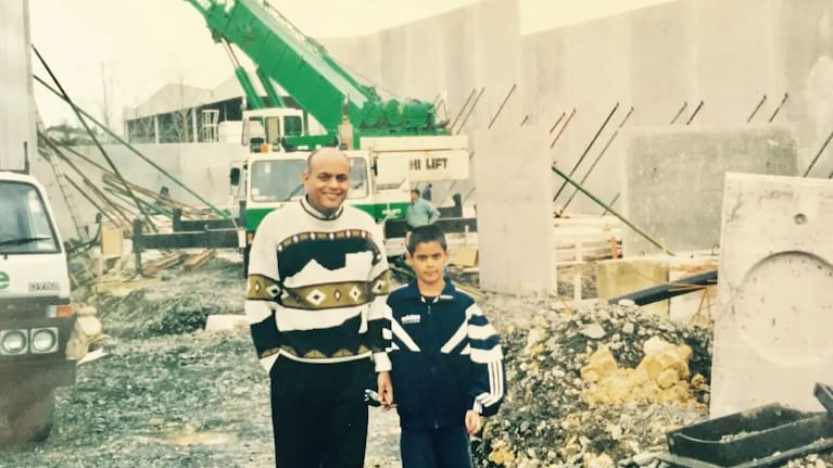 Dhiru Bhikha and his son Raj in front of the building site for Horners' Auckland factory, which opened in 1999.