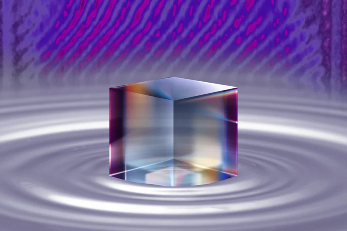 Illustration of a cube of diamond floating on liquid carbon