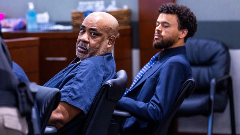 Duane Davis, left, looks back during a hearing on claims of juror misconduct in his jailhouse battery case at the Regional Justice Centre, July 2, 2025, in Las Vegas. (Source: L.E. Baskow/Las Vegas Review-Journal via AP, Pool)