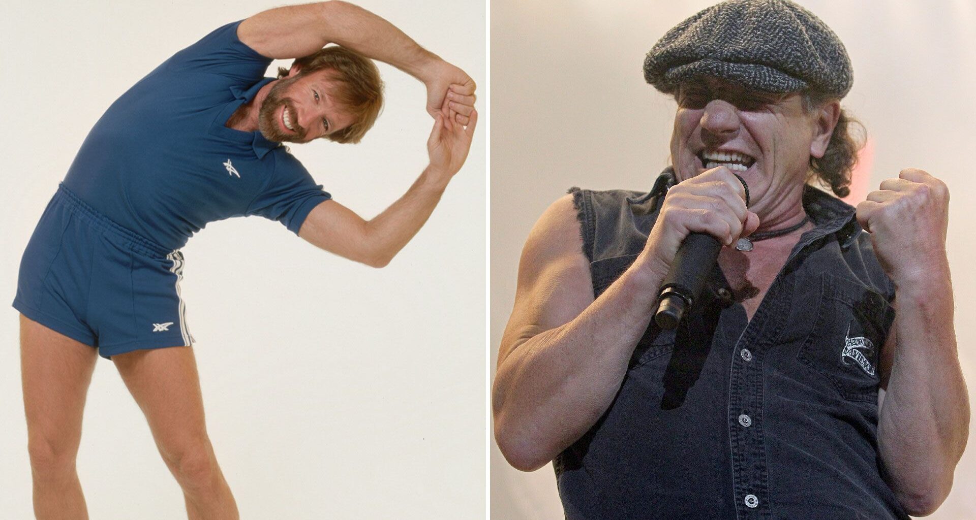 Chuck Norris stretching in a sports kit and Brian Johnson performing with AC/DC in Brisbane