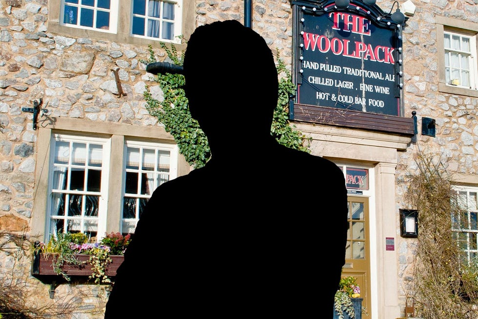 Emmerdale male silhouette in front of the woolpack pub in emmerdale