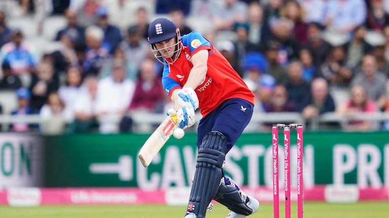England's captain Harry Brook,plays a shot during the second T20 cricket match between England and India in Manchester, England, Saturday, July 4, 2026.