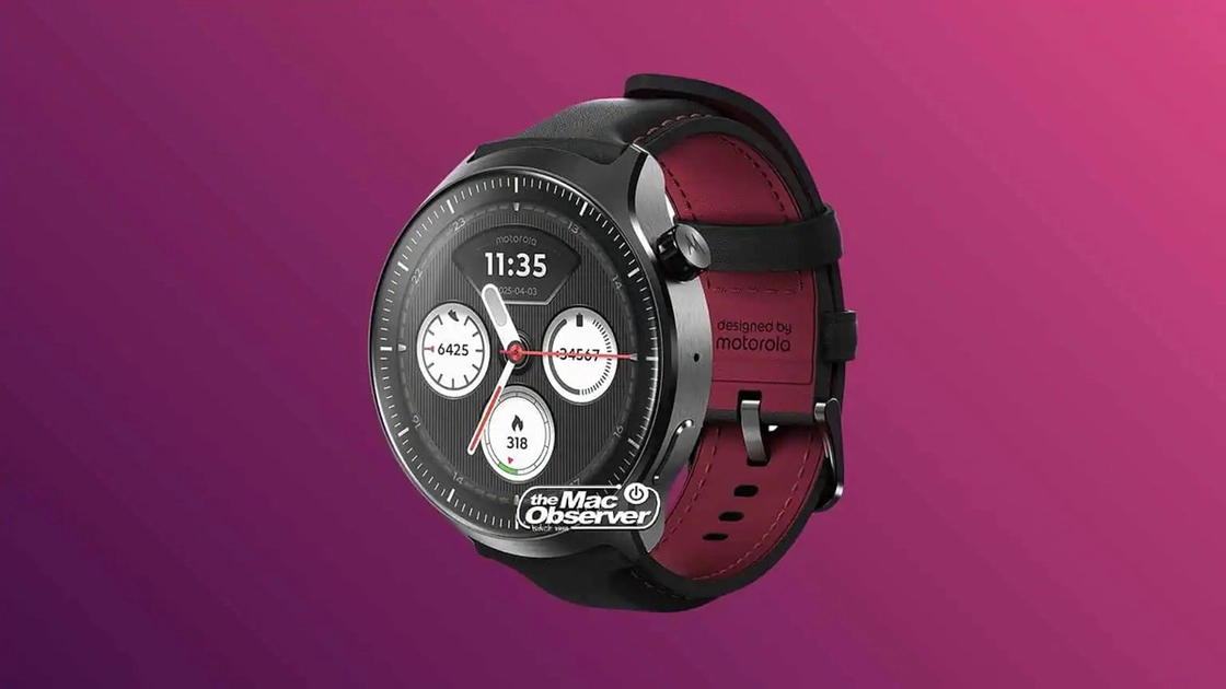 Leaked render of the Moto Watch Ultra showing the rotating crown, side button, and black faux-leather strap with red stitching. Leaked render of the Moto Watch Ultra showing the rotating crown, side button, and black faux-leather strap with red stitching.