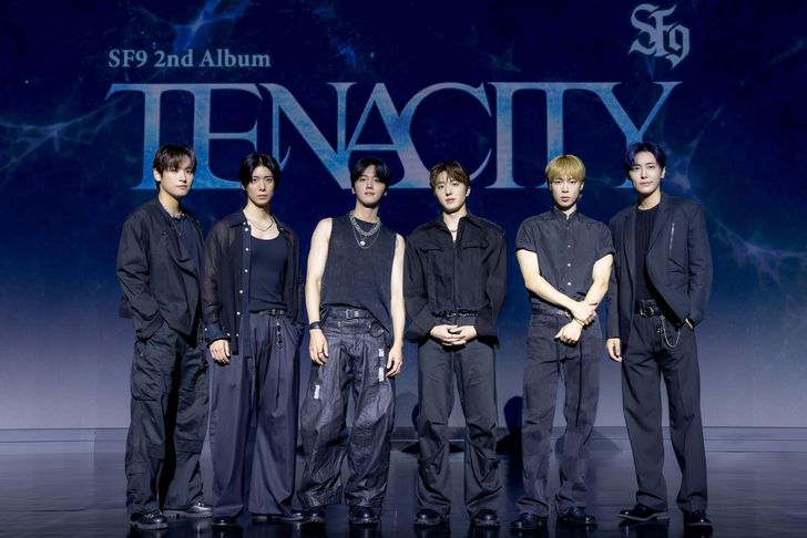 Members of K-pop boy band SF9, from left, Inseong, Hwiyoung, Youngbin, Chani, Dawon and Jaeyoon pose for a press event in Mapo District, Seoul, Wednesday. Courtesy of FNC Entertainment