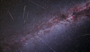 A composite image showing the peak of the Perseid Meteor shower, 12-13 August 2023, captured by Greg Meyer from Phoenix, Arizona, USA. Taken with a Canon Rebel and 14mm Rokinon lens at 2.8, ISO 1600, 90 sec exposures on a Star-Adventurer Star Tracker.