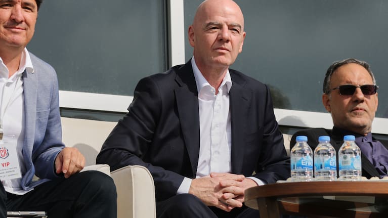 FIFA President Gianni Infantino, centre, follows a friendly match between Iran and Costa Rica, in Antalya, southern Turkey, Tuesday, March 31, 2026.