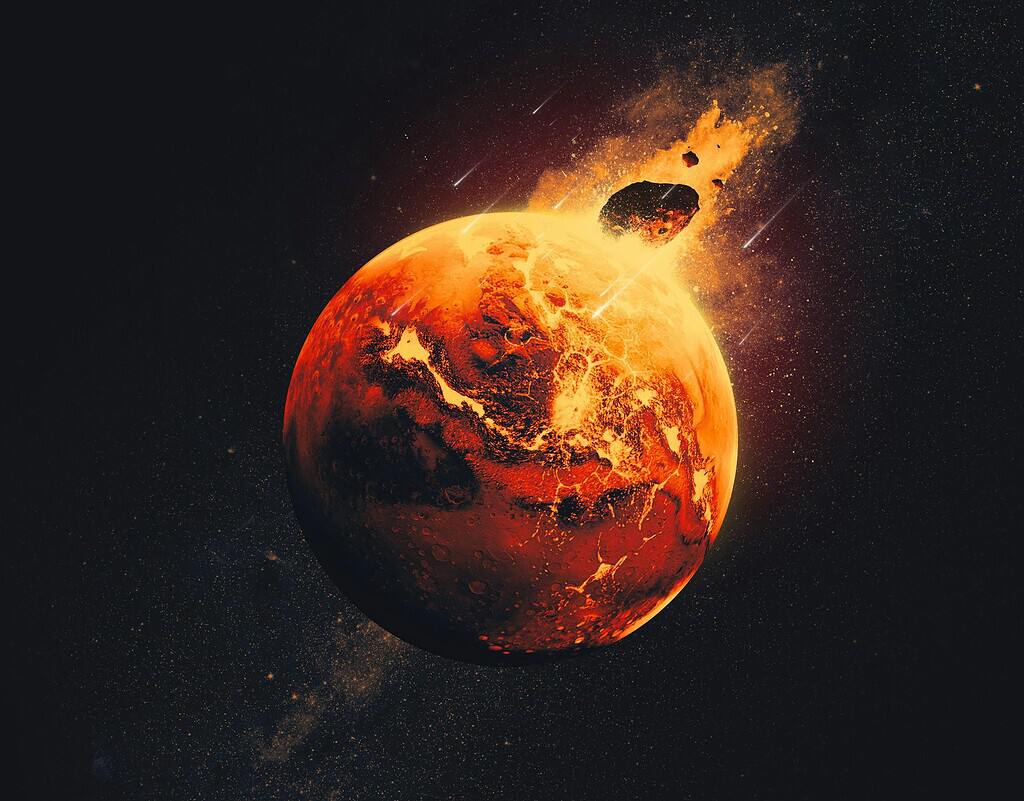 Asteroid colliding with a fiery planet in space with explosion effects.