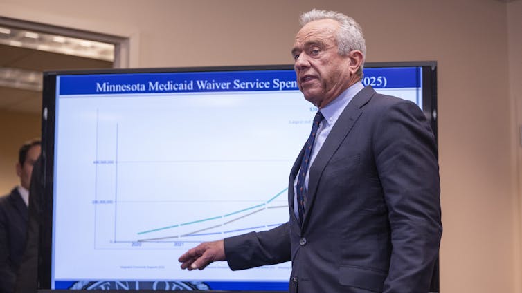 Robert F. Kennedy Jr. points to a chart pertaining to Medicaid fraud.