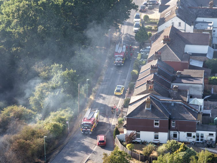 town next to smoking woodland, fireengines