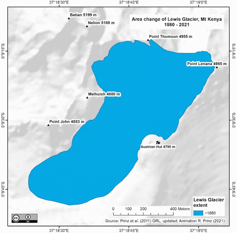 An animation of the shrinking of the Lewis Glacier, the largest of Mt Kenya glaciers