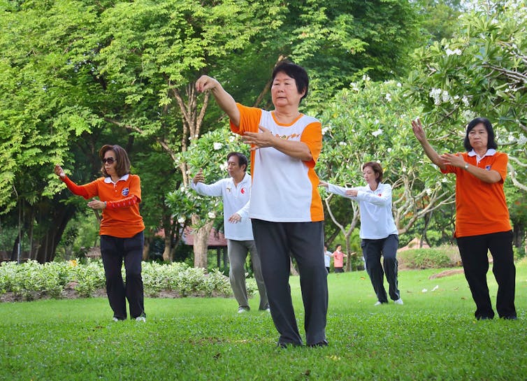 People practising tai chi chuan in a park.