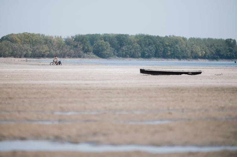 cyclist riding on dry river bed of the danube.