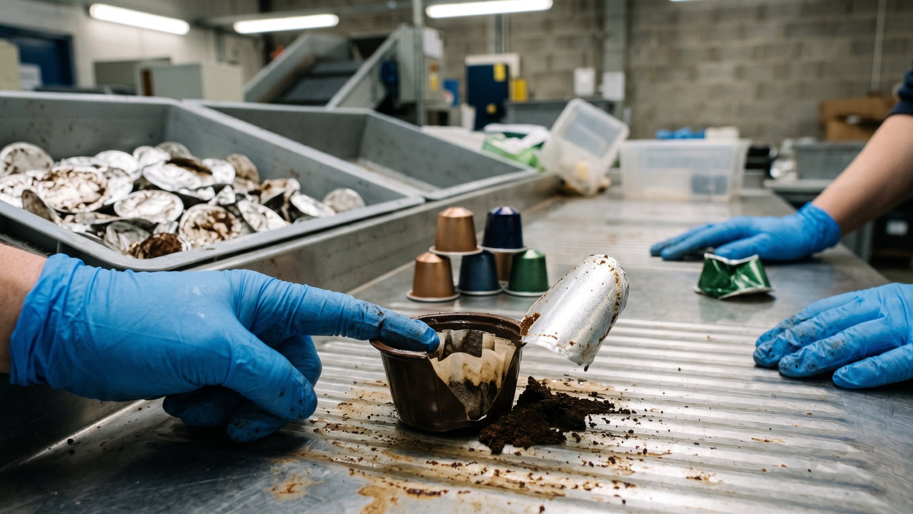Gloved hand splitting open coffee pods on a recycling sorting table, four materials locked
